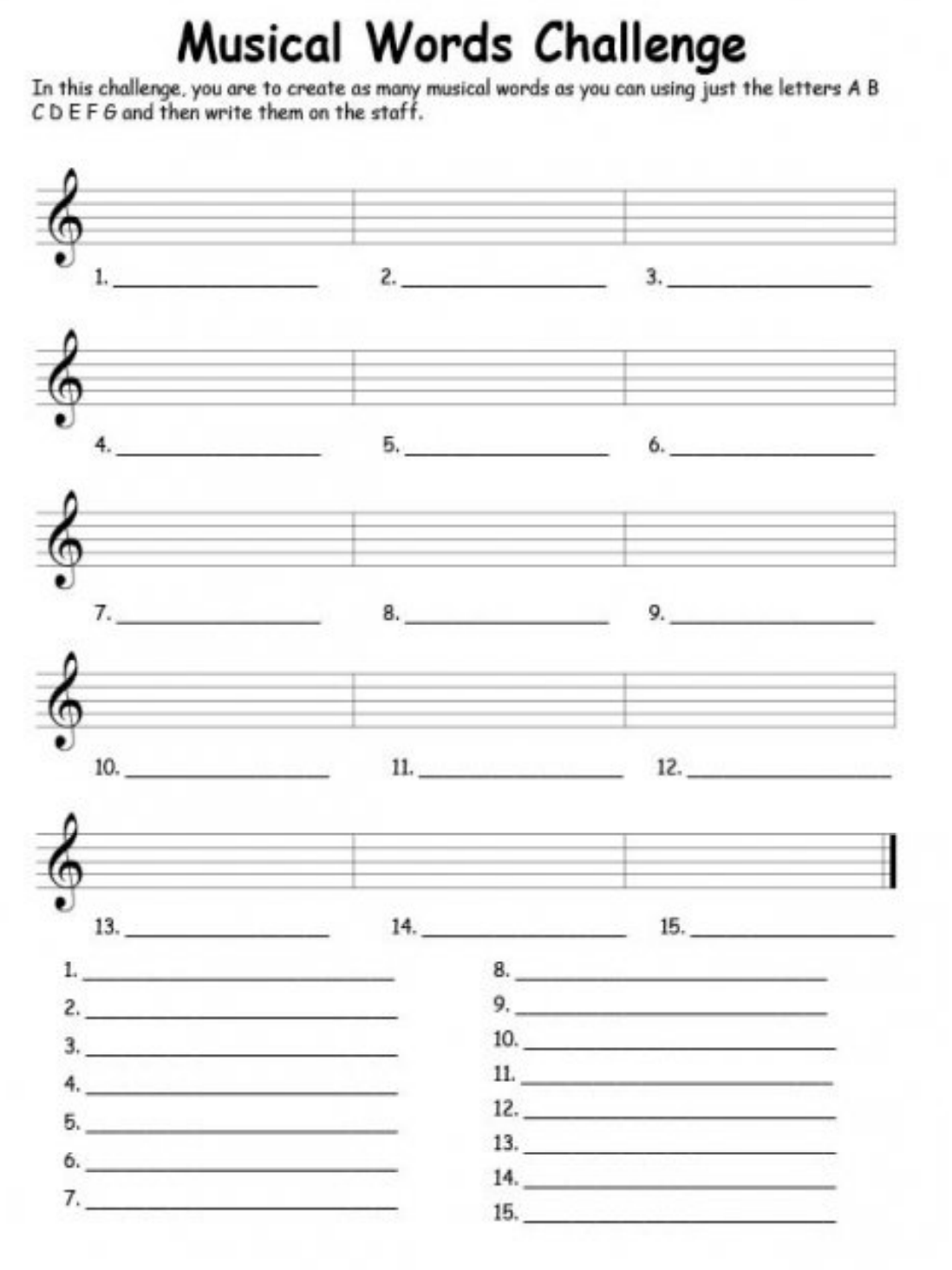 Musical Words Challenge Sheet